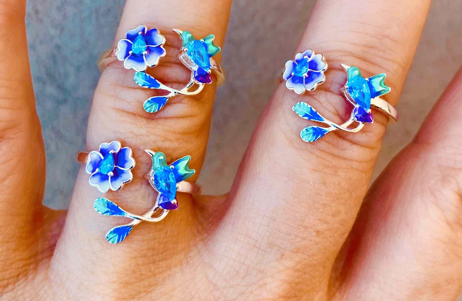 Anillo colibri esmaltdo azul ajustable